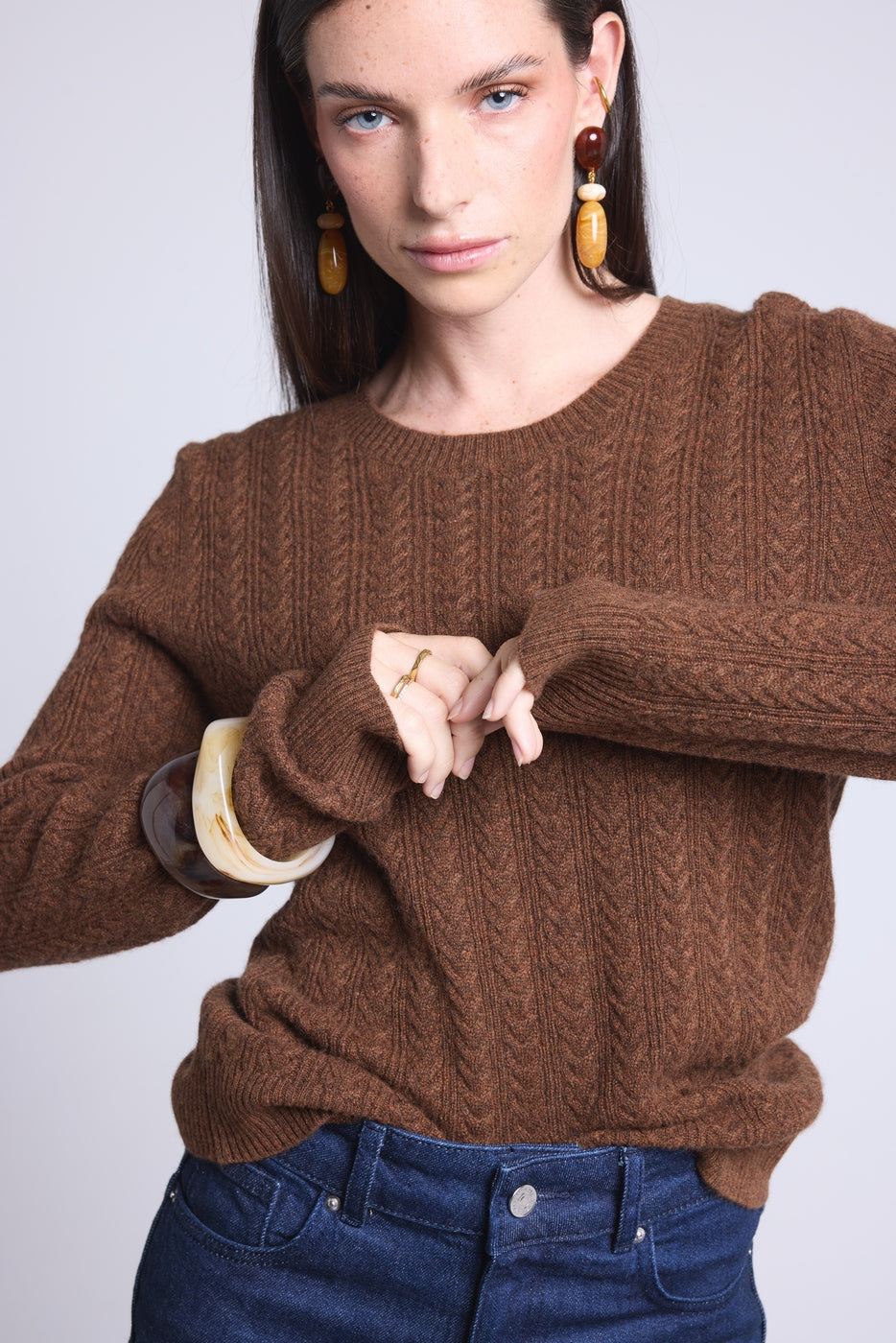 Jersey de cuello redondo trenzado Chiara - Marrón - Mujer