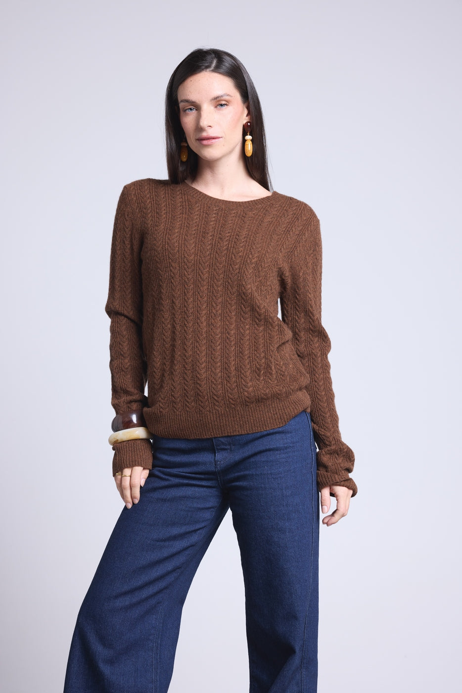 Jersey de cuello redondo trenzado Chiara - Marrón - Mujer