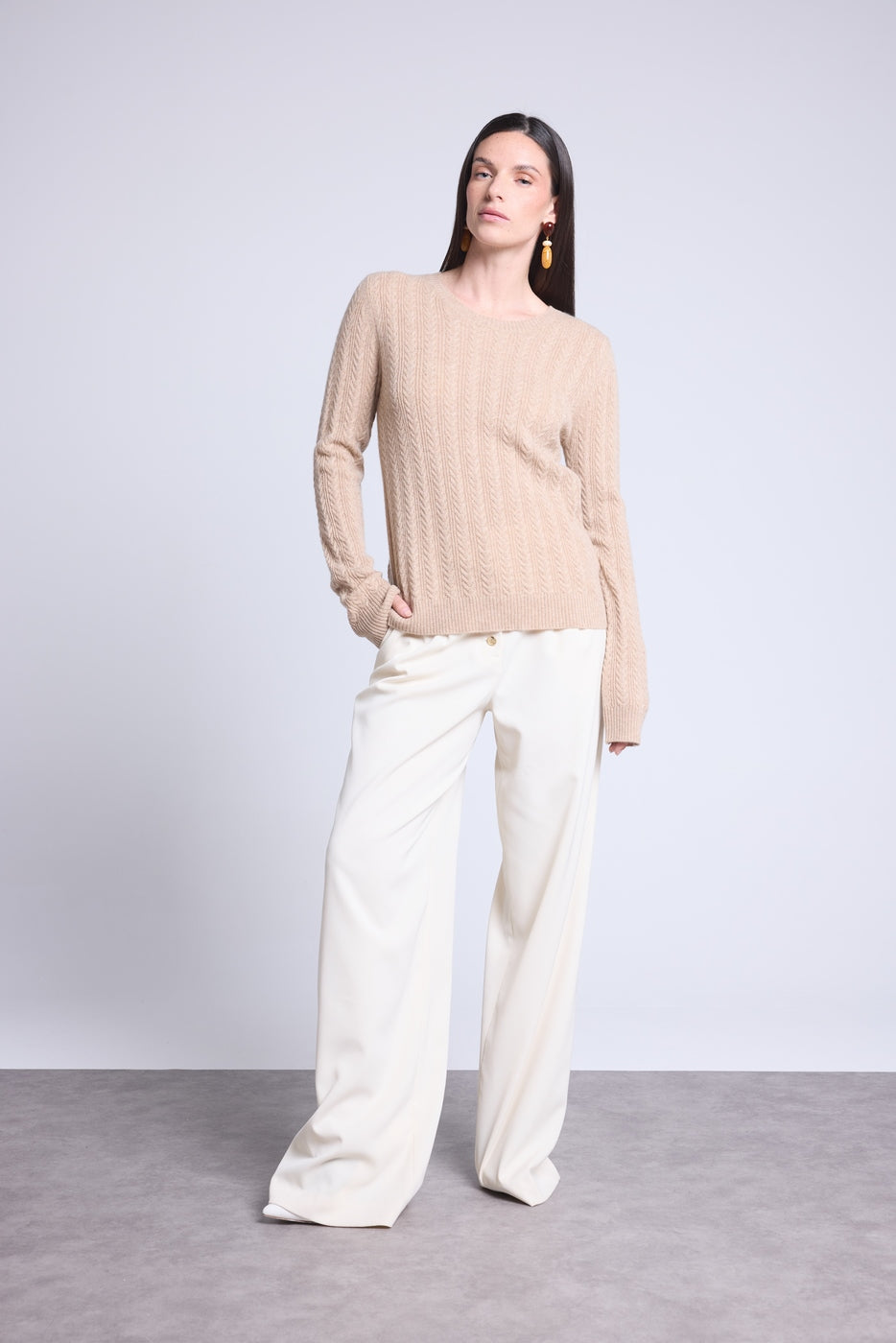 Pull Col Rond Torsades Chiara - Beige Creme - Femme