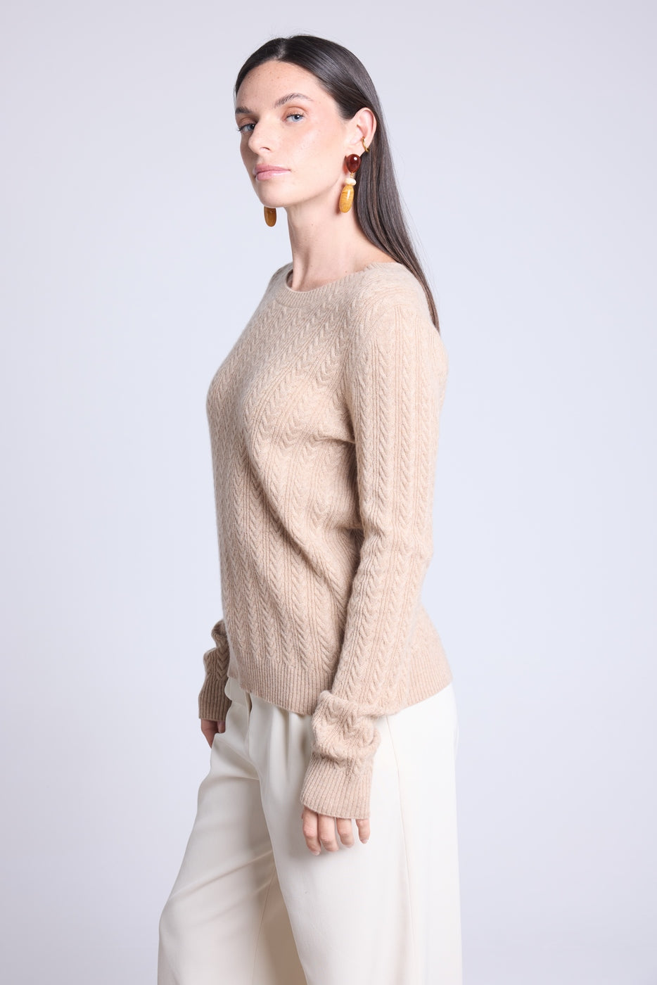 Pull Col Rond Torsades Chiara - Beige Creme - Femme