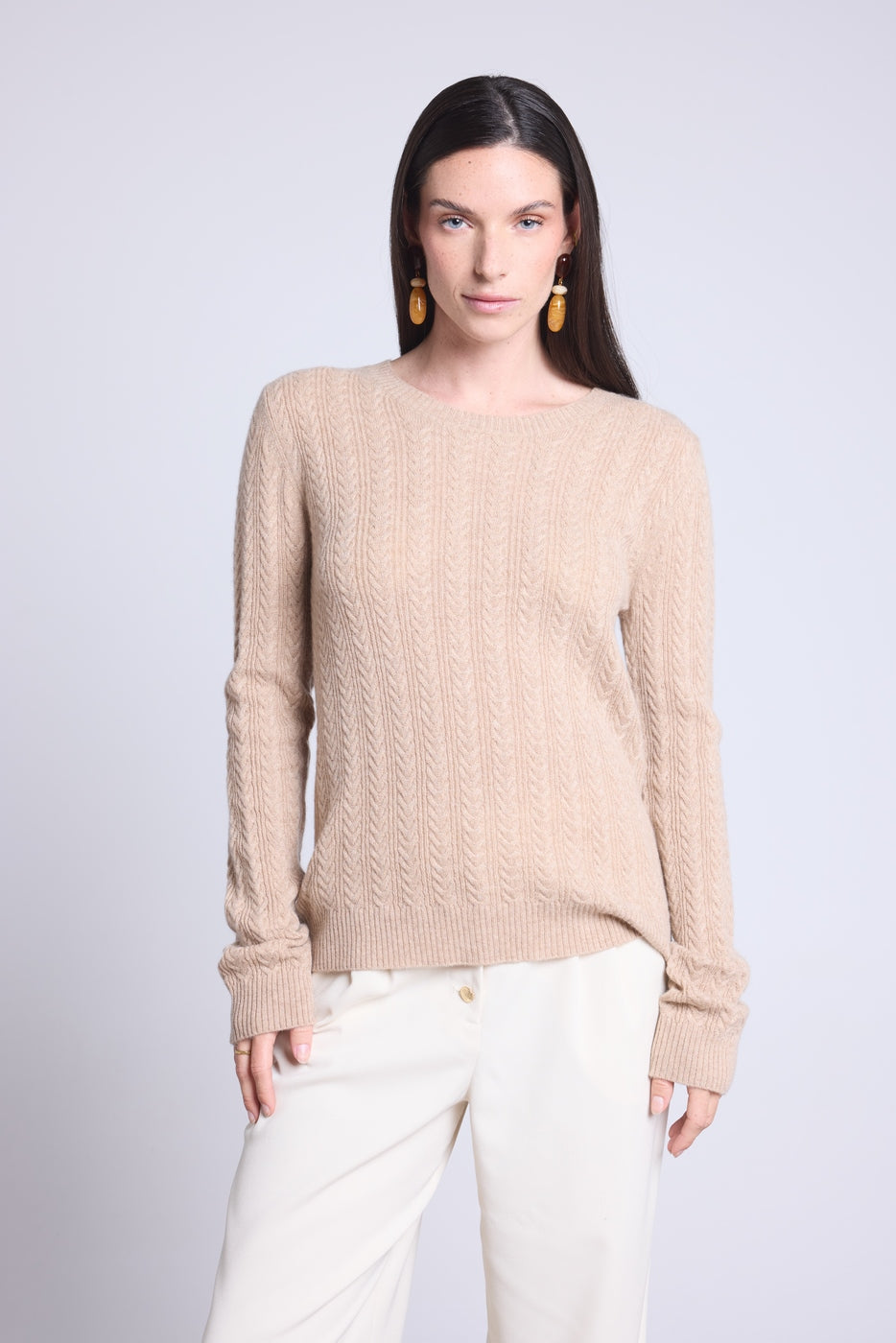 Pull Col Rond Torsades Chiara - Beige Creme - Femme