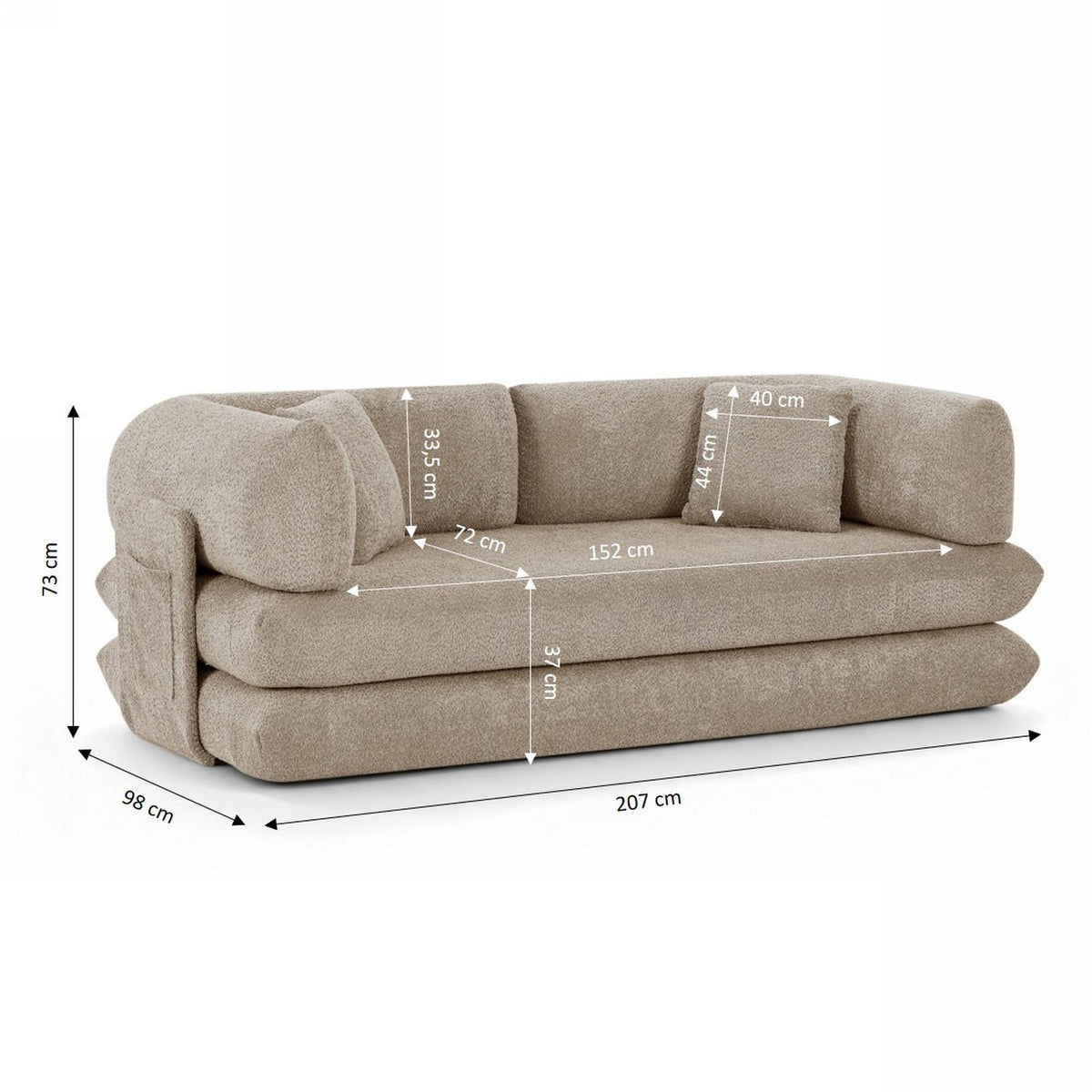 Chima - Divano lineare compresso e trasformabile Déplimousse a 3 posti - Tessuto ciniglia - Tortora