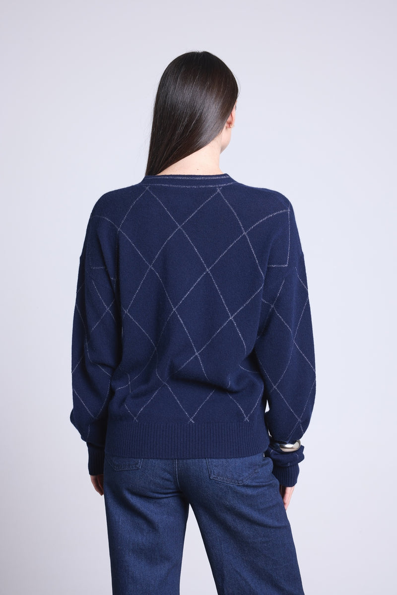 Gilet Carreaux Lurex Chloe - Bleu Marine Et Lurex Argente - Femme