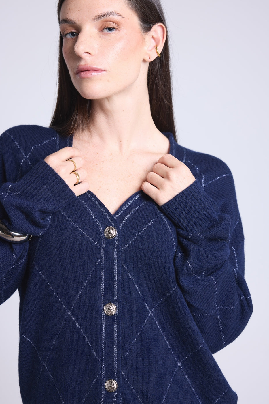 Gilet Carreaux Lurex Chloe - Bleu Marine Et Lurex Argente - Femme