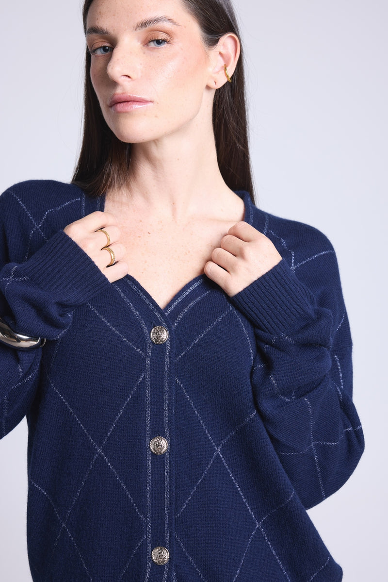 Gilet Carreaux Lurex Chloe - Bleu Marine Et Lurex Argente - Femme