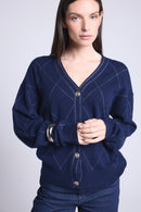 Gilet Carreaux Lurex Chloe - Bleu Marine Et Lurex Argente - Femme