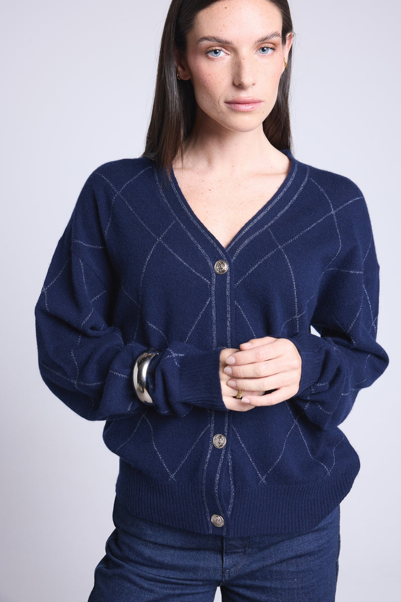 Gilet Carreaux Lurex Chloe - Bleu Marine Et Lurex Argente - Femme