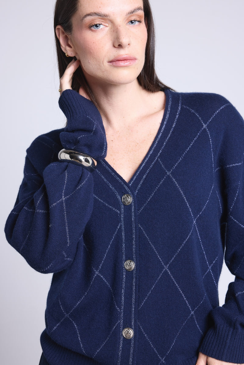 Gilet Carreaux Lurex Chloe - Bleu Marine Et Lurex Argente - Femme