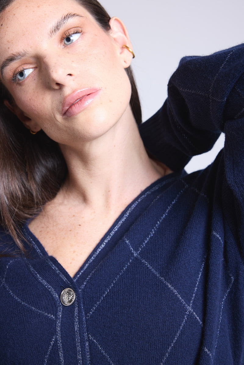 Gilet Carreaux Lurex Chloe - Bleu Marine Et Lurex Argente - Femme