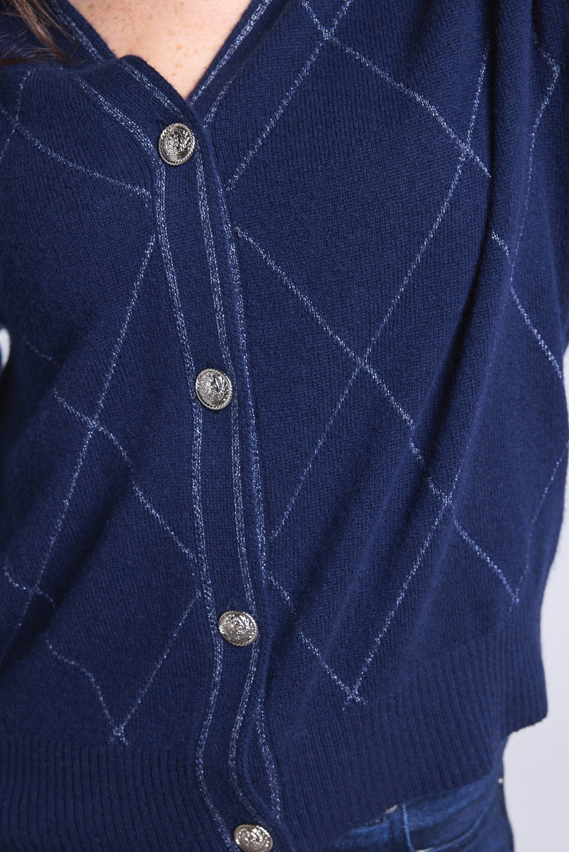 Gilet Carreaux Lurex Chloe - Bleu Marine Et Lurex Argente - Femme