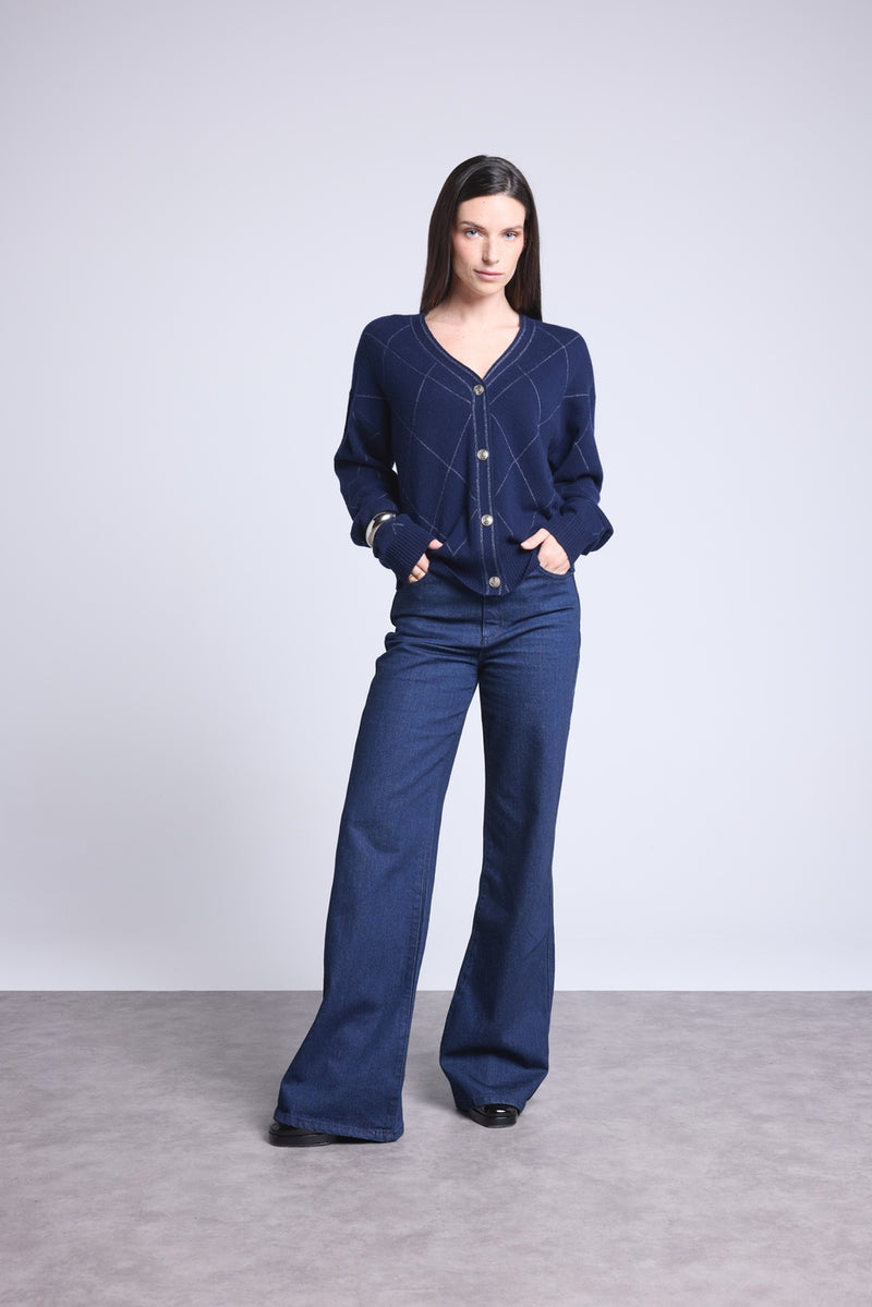 Gilet Carreaux Lurex Chloe - Bleu Marine Et Lurex Argente - Femme