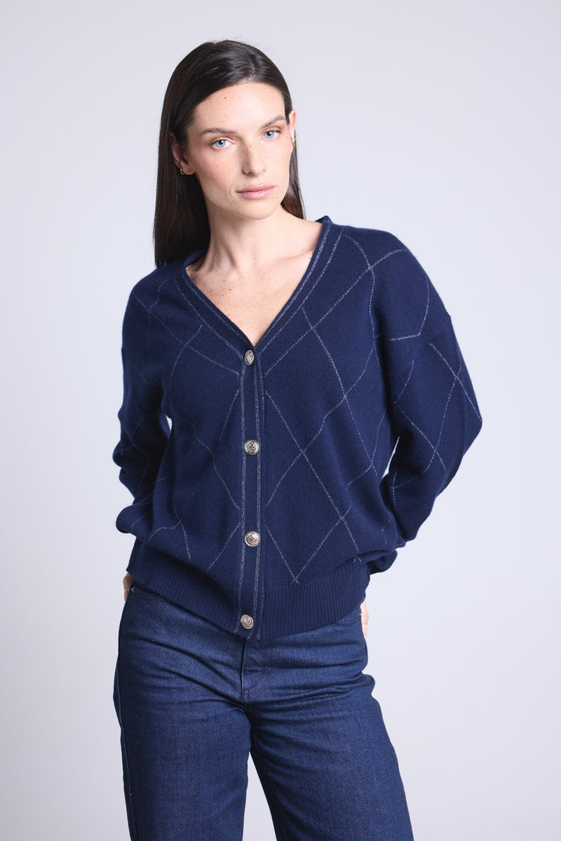 Gilet Carreaux Lurex Chloe - Bleu Marine Et Lurex Argente - Femme