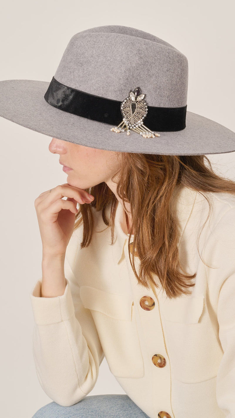 Victor Hat - China Gray Velvet Balkan Embroidery