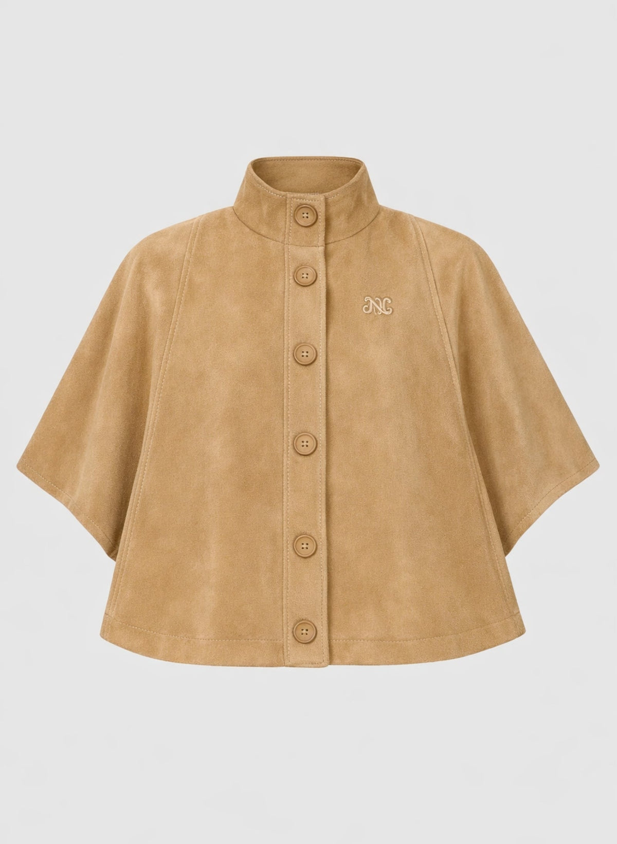 An'ge – Veste Christelle Camel, cape courte en daim marron clair, vue de face