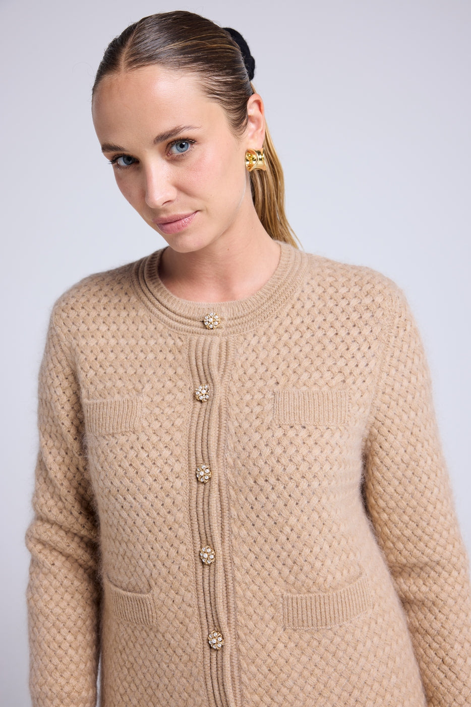 Vest met Sierknopen Geborsteld Kasjmier Christina - Beige Crème Goud