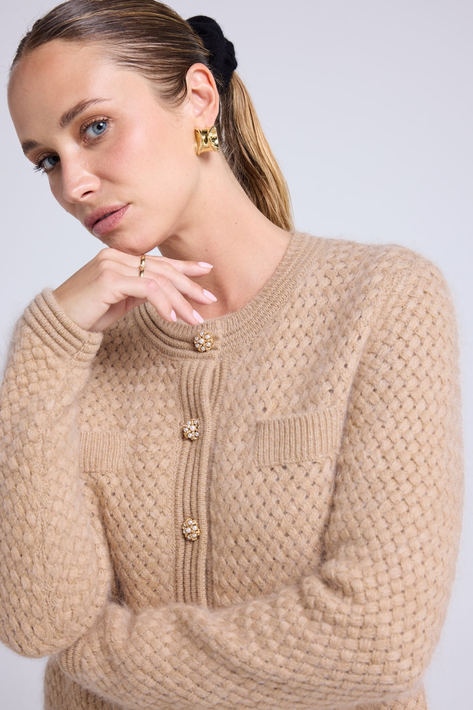 Vest met Sierknopen Geborsteld Kasjmier Christina - Beige Crème Goud