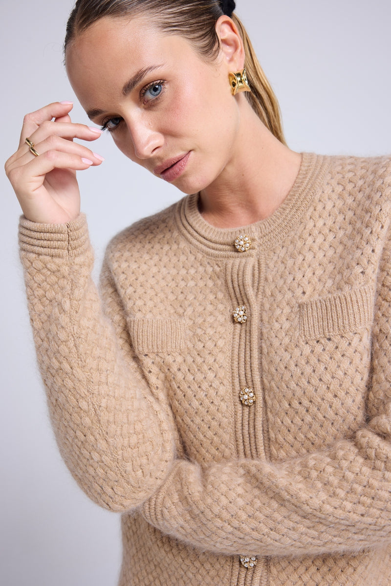 Cardigan Bijoux Cachemire Brossé Christina - Beige Crème Doré