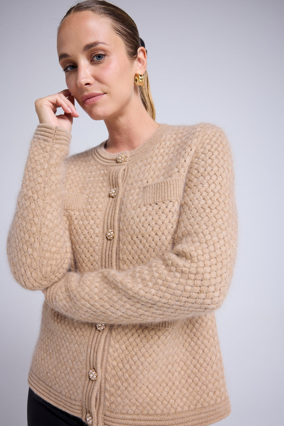 Vest met Sierknopen Geborsteld Kasjmier Christina - Beige Crème Goud