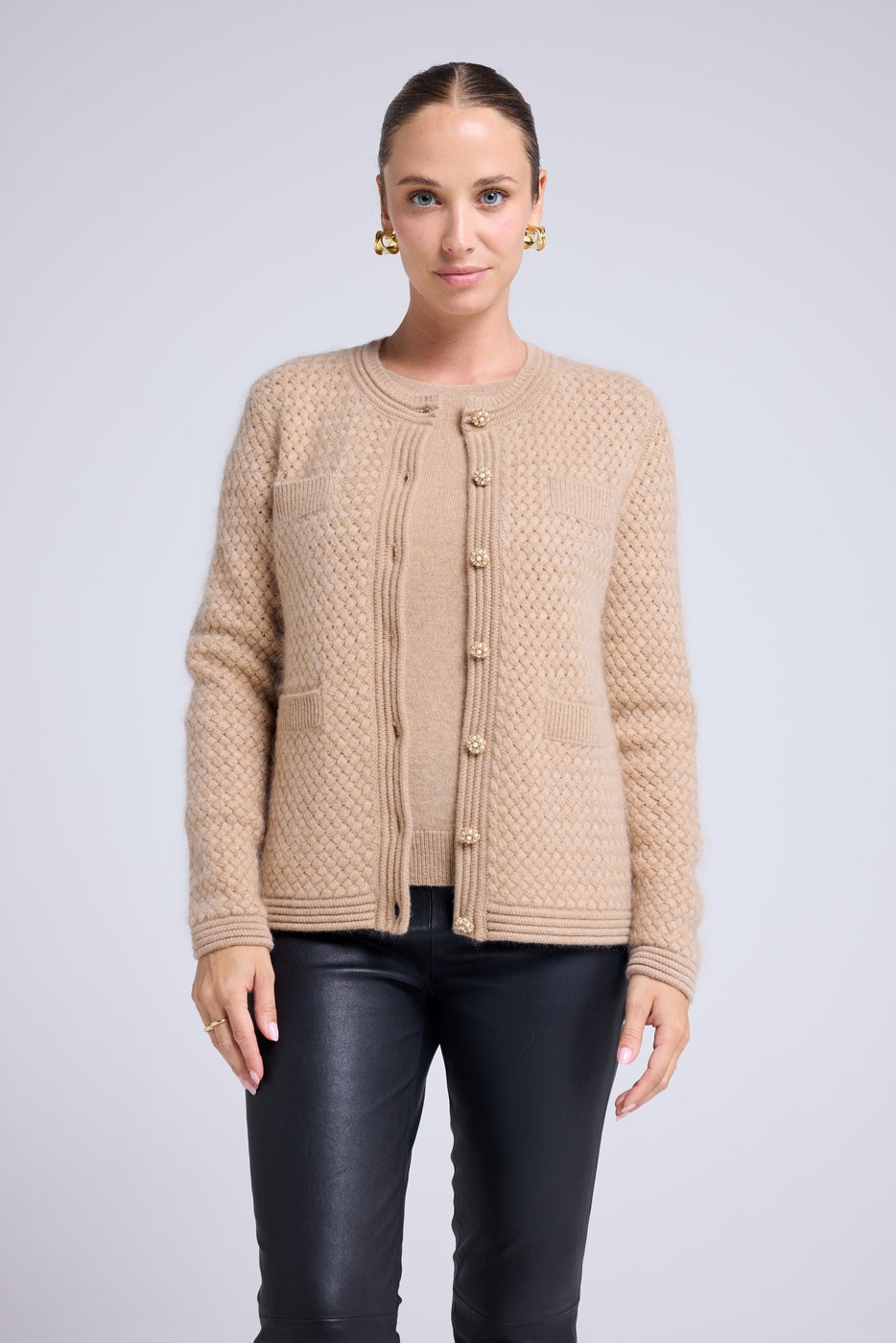 Vest met Sierknopen Geborsteld Kasjmier Christina - Beige Crème Goud