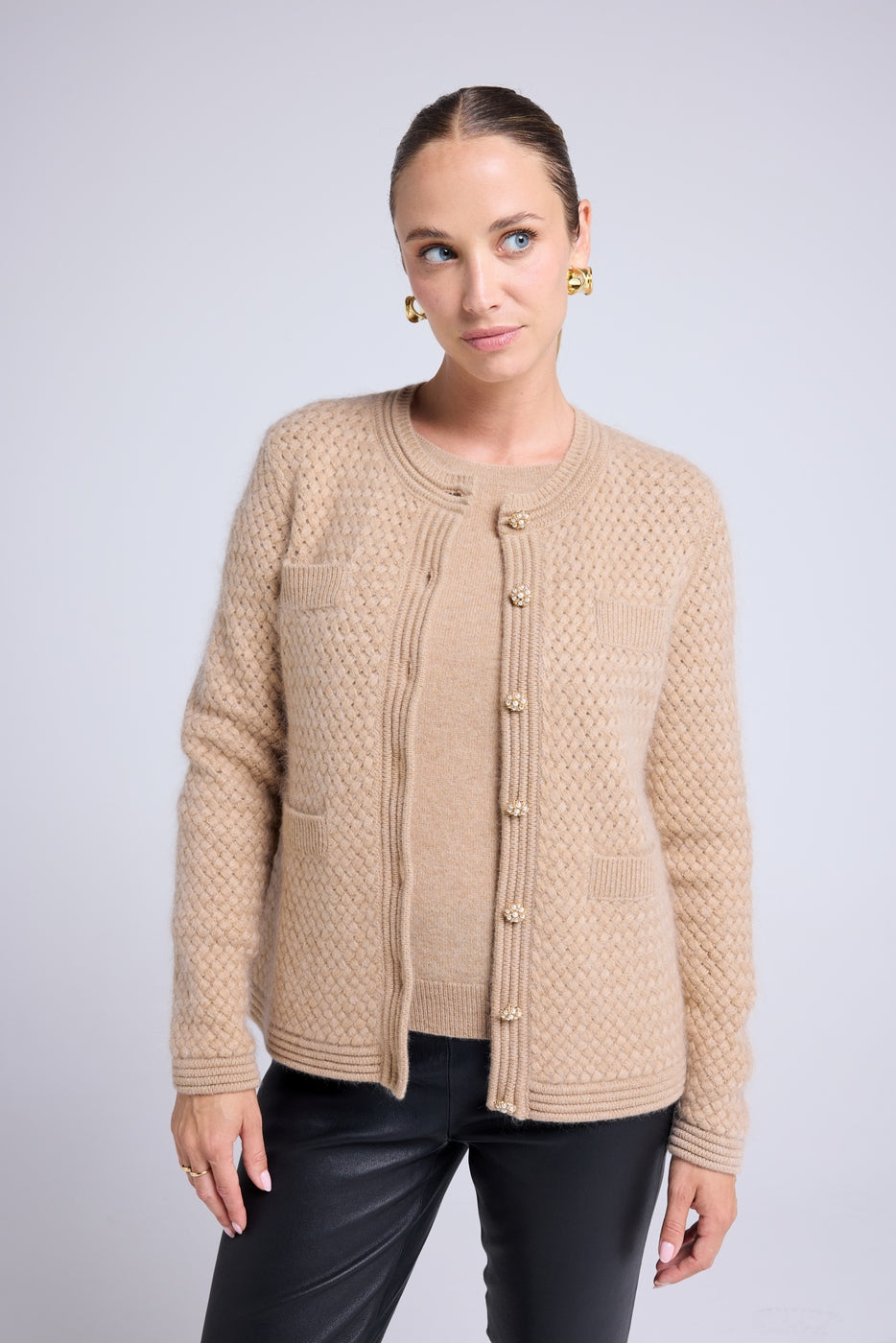 Vest met Sierknopen Geborsteld Kasjmier Christina - Beige Crème Goud