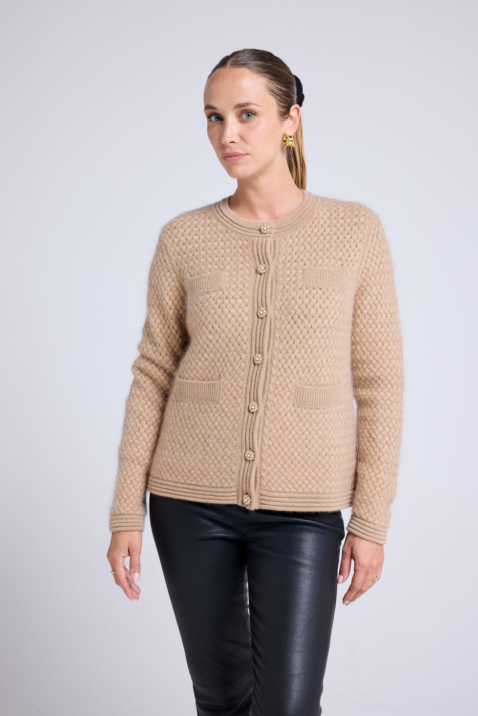Vest met Sierknopen Geborsteld Kasjmier Christina - Beige Crème Goud