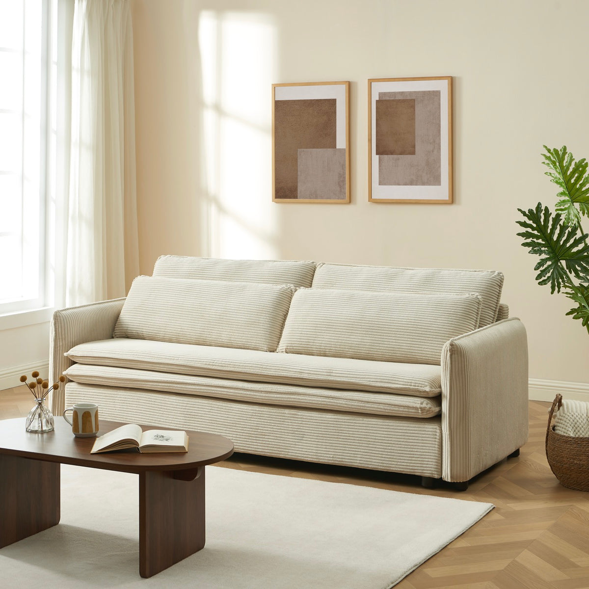 Cibola - Divano lineare trasformabile a 3 posti - Velluto a coste beige