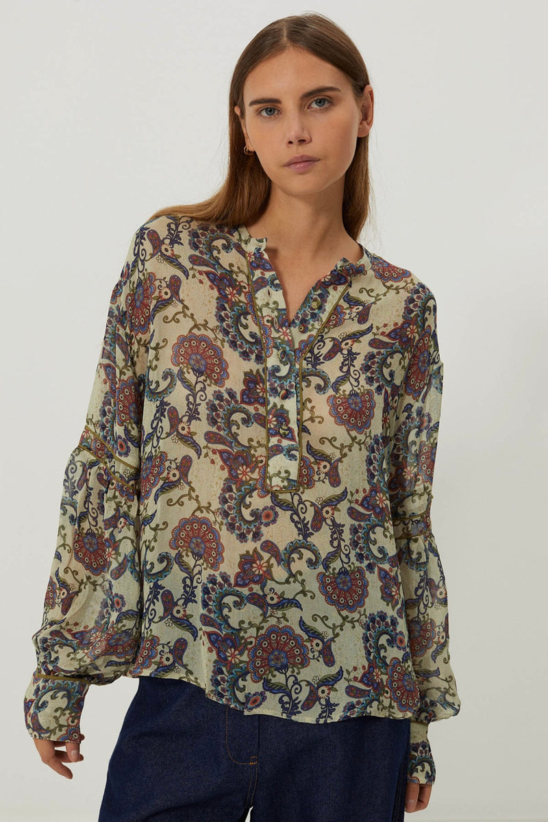 Blouse Devi - Peacock Off White Print