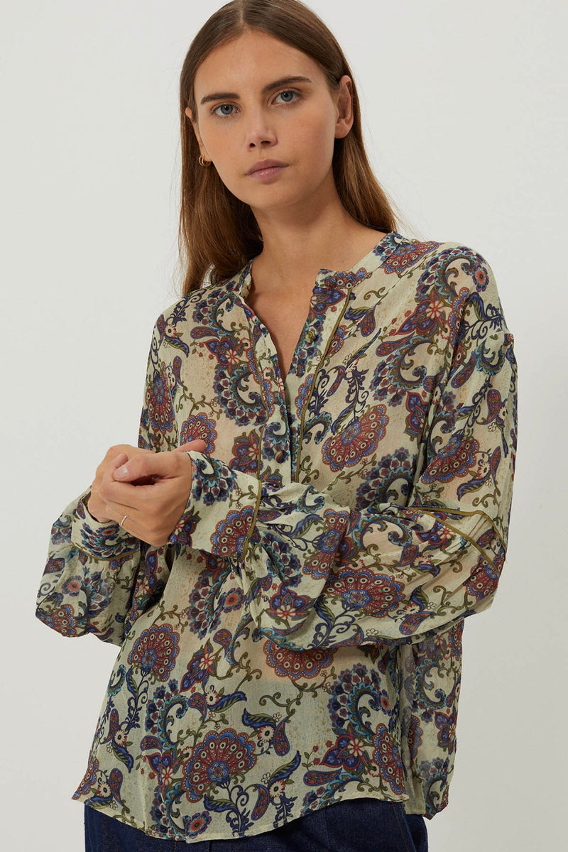 Blusa Devi - Peacock Off White Print