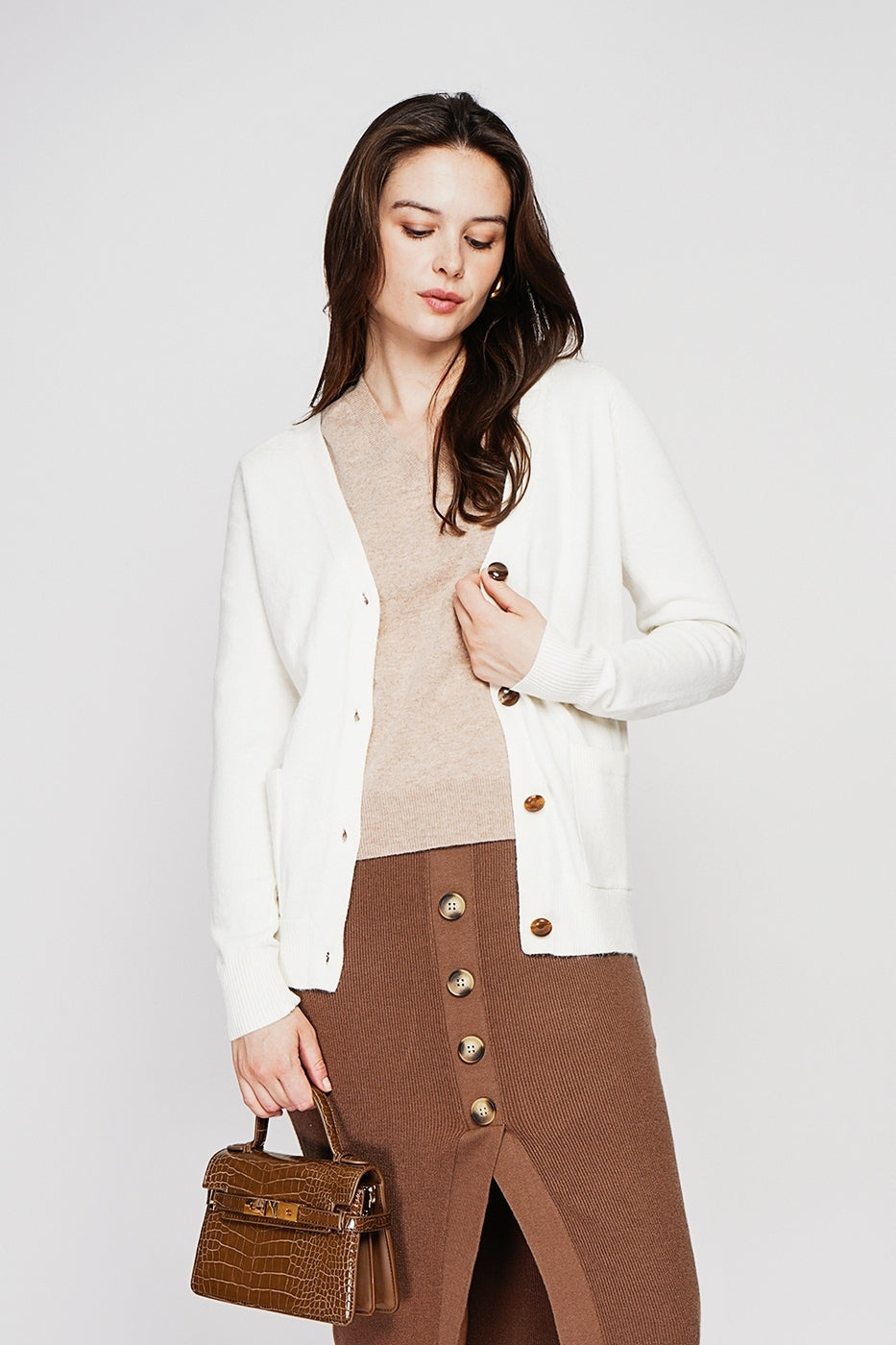 Gilet Col V Boutonné – Naturel – Femme