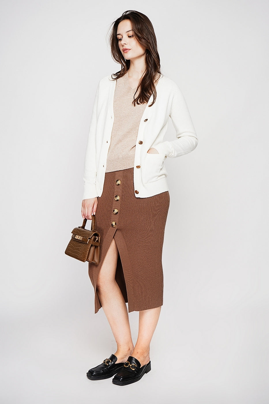 Gilet Col V Boutonné – Naturel – Femme
