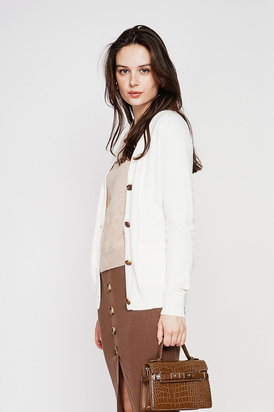 Gilet Col V Boutonné – Naturel – Femme