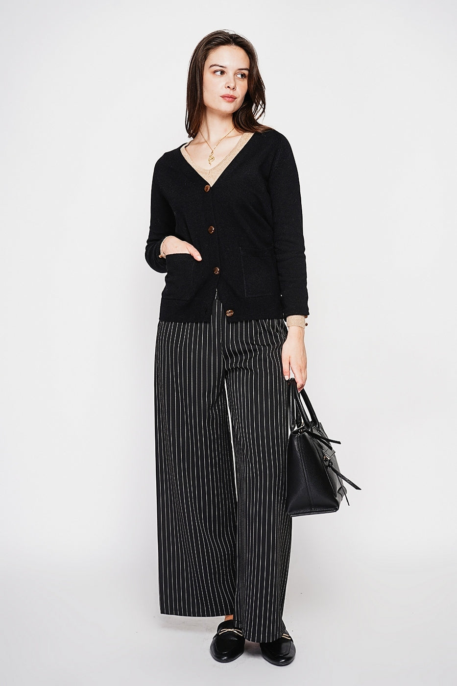 Gilet Col V Boutonné – Noir – Femme