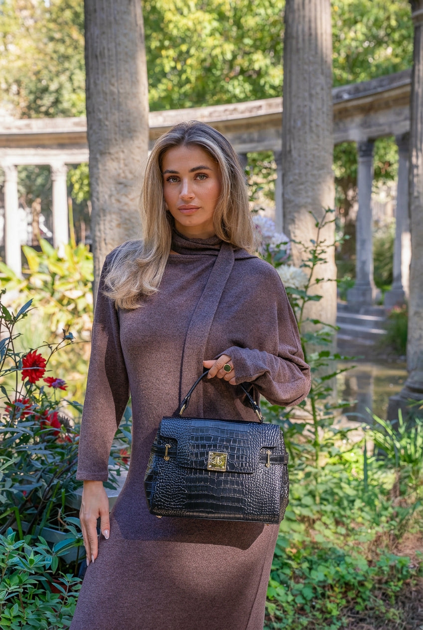 Swan Croco Handbag - Black