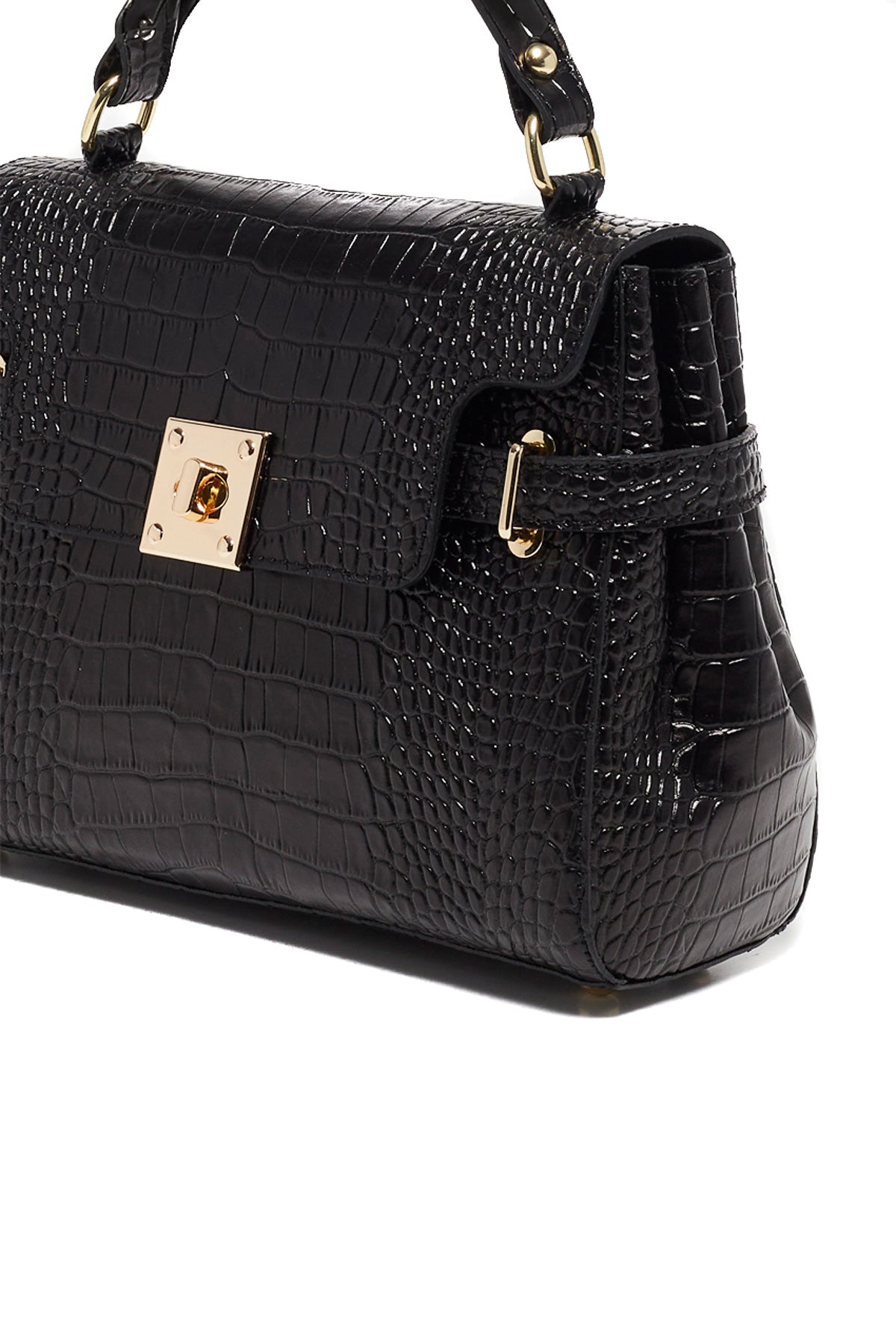 Swan Croco Handbag - Black
