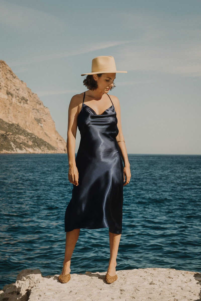 Claire Satin Dress - Navy Blue