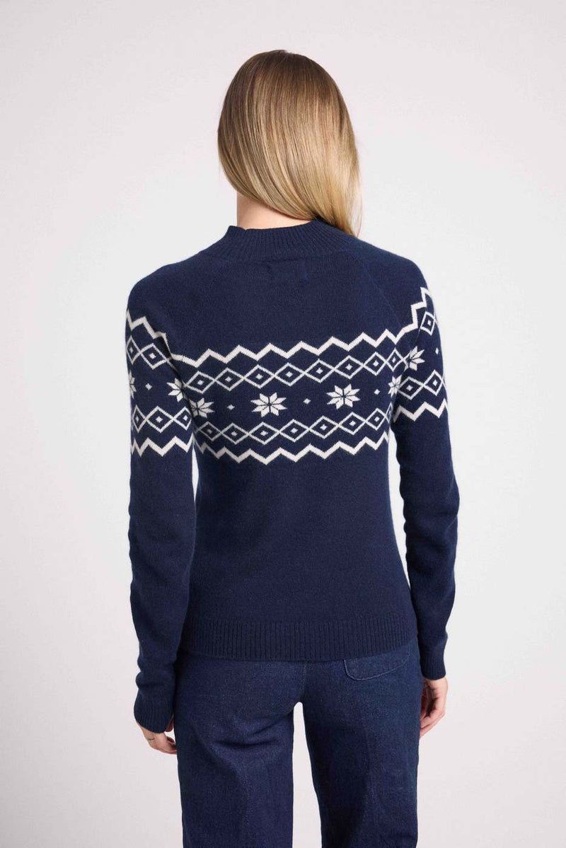 Pull Montagne Col Montant Clara - Bleu Marine Et Blanc - 100% Cachemire Oeko-Tex - Femme