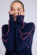 Pull Col Rond Oversize Surpiqures Clarisse - Bleu Marine Rose Fluo - Femme