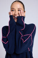 Pull Col Rond Oversize Surpiqures Clarisse - Bleu Marine Rose Fluo