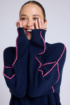Pull Col Rond Oversize Surpiqures Clarisse - Bleu Marine Rose Fluo