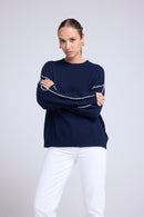 Pull Col Rond Oversize Surpiqures Clarisse - Bleu Marine Blanc