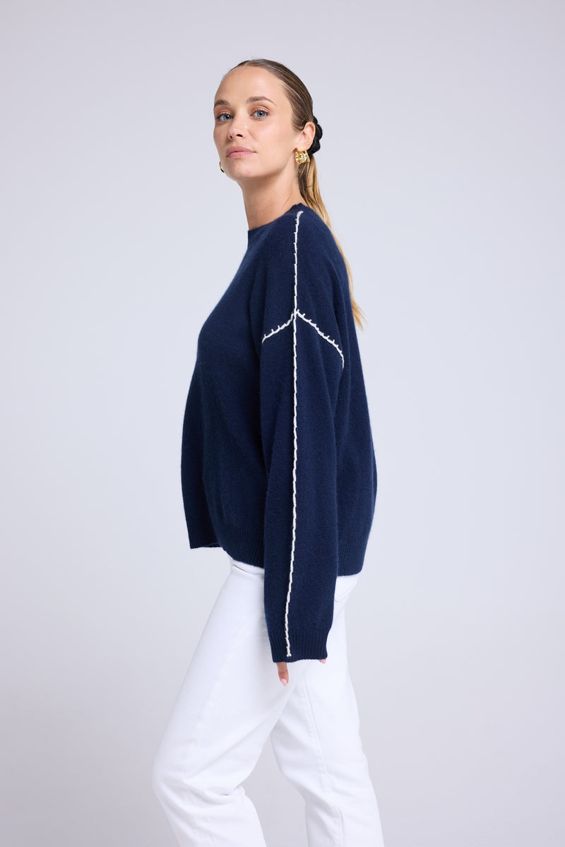 Pull Col Rond Oversize Surpiqures Clarisse - Bleu Marine Blanc