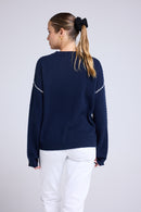 Pull Col Rond Oversize Surpiqures Clarisse - Bleu Marine Blanc
