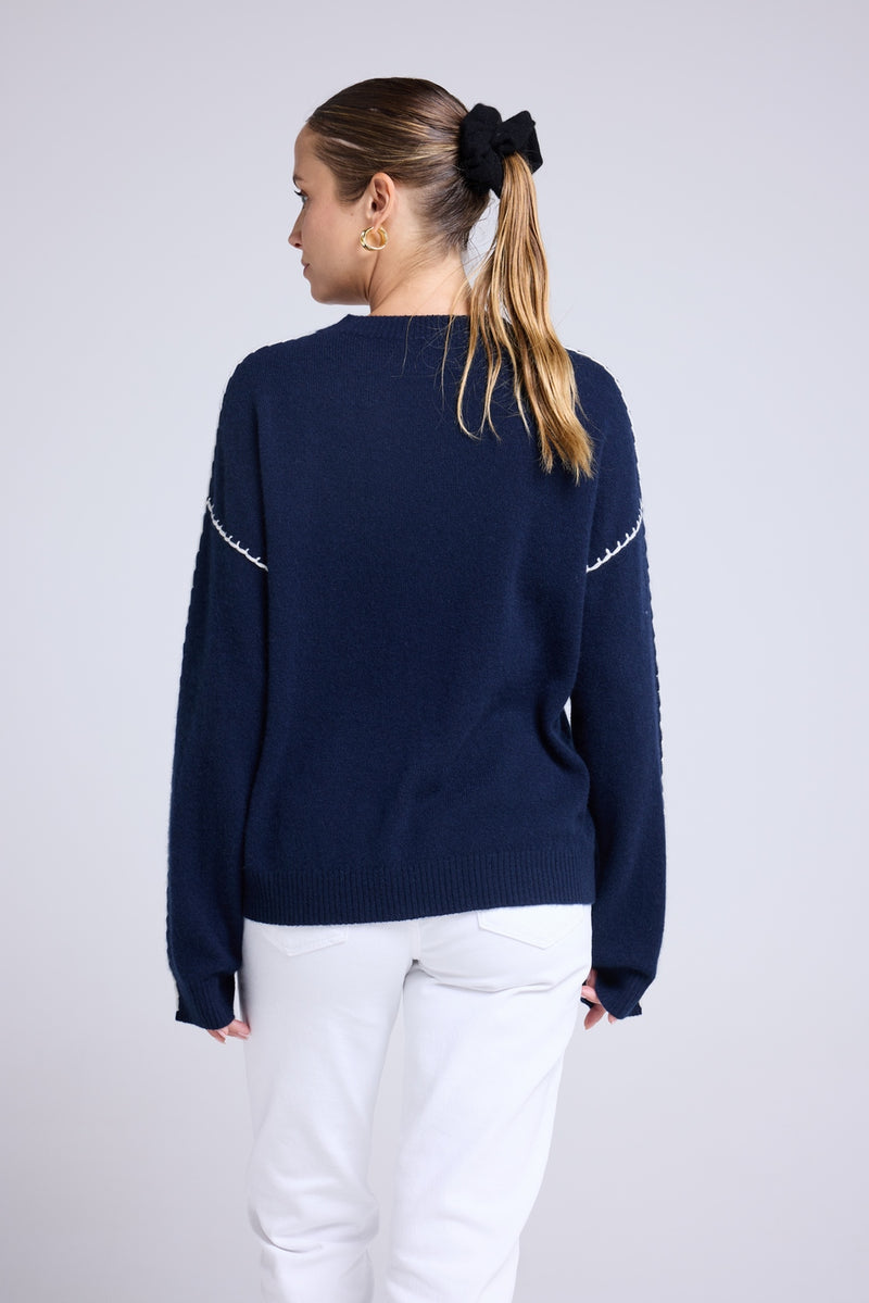 Pull Col Rond Oversize Surpiqures Clarisse - Bleu Marine Blanc