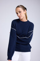 Pull Col Rond Oversize Surpiqures Clarisse - Bleu Marine Blanc
