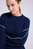 Pull Col Rond Oversize Surpiqures Clarisse - Bleu Marine Blanc