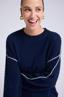 Pull Col Rond Oversize Surpiqures Clarisse - Bleu Marine Blanc