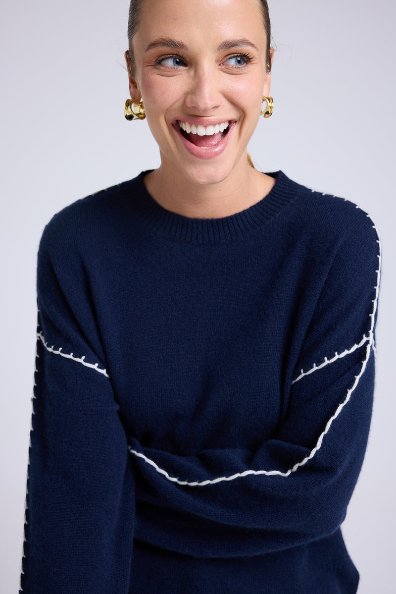 Pull Col Rond Oversize Surpiqures Clarisse - Bleu Marine Blanc