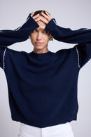 Pull Col Rond Oversize Surpiqures Clarisse - Bleu Marine Blanc