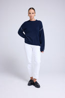 Pull Col Rond Oversize Surpiqures Clarisse - Bleu Marine Blanc