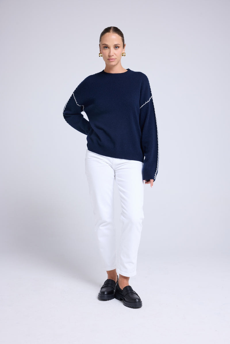 Pull Col Rond Oversize Surpiqures Clarisse - Bleu Marine Blanc